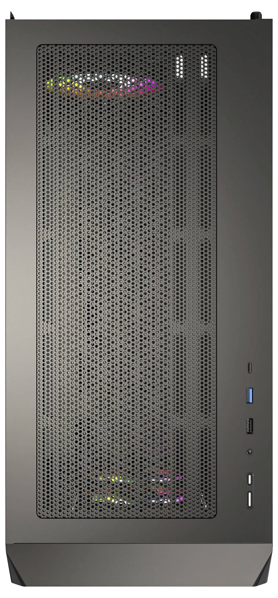 Čierny počítačový kryt s perforovaným predným panelom, vrchný ventilátor viditeľný cez mriežku, s USB portami na boku.