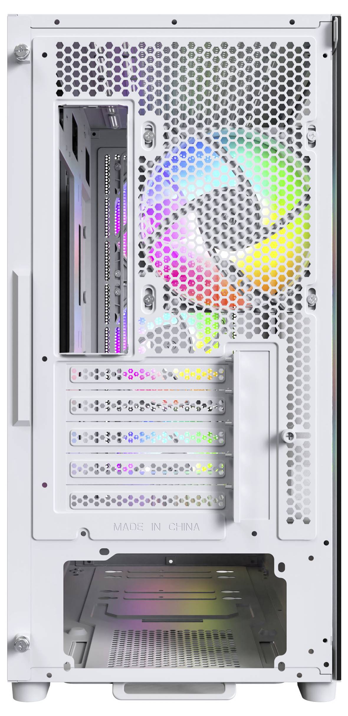 Biely počítačový kryt s bočným pohľadom, ktorý ukazuje RGB ventilátor a viaceré rozširujúce sloty. Vnútro má farebné svetelné efekty.