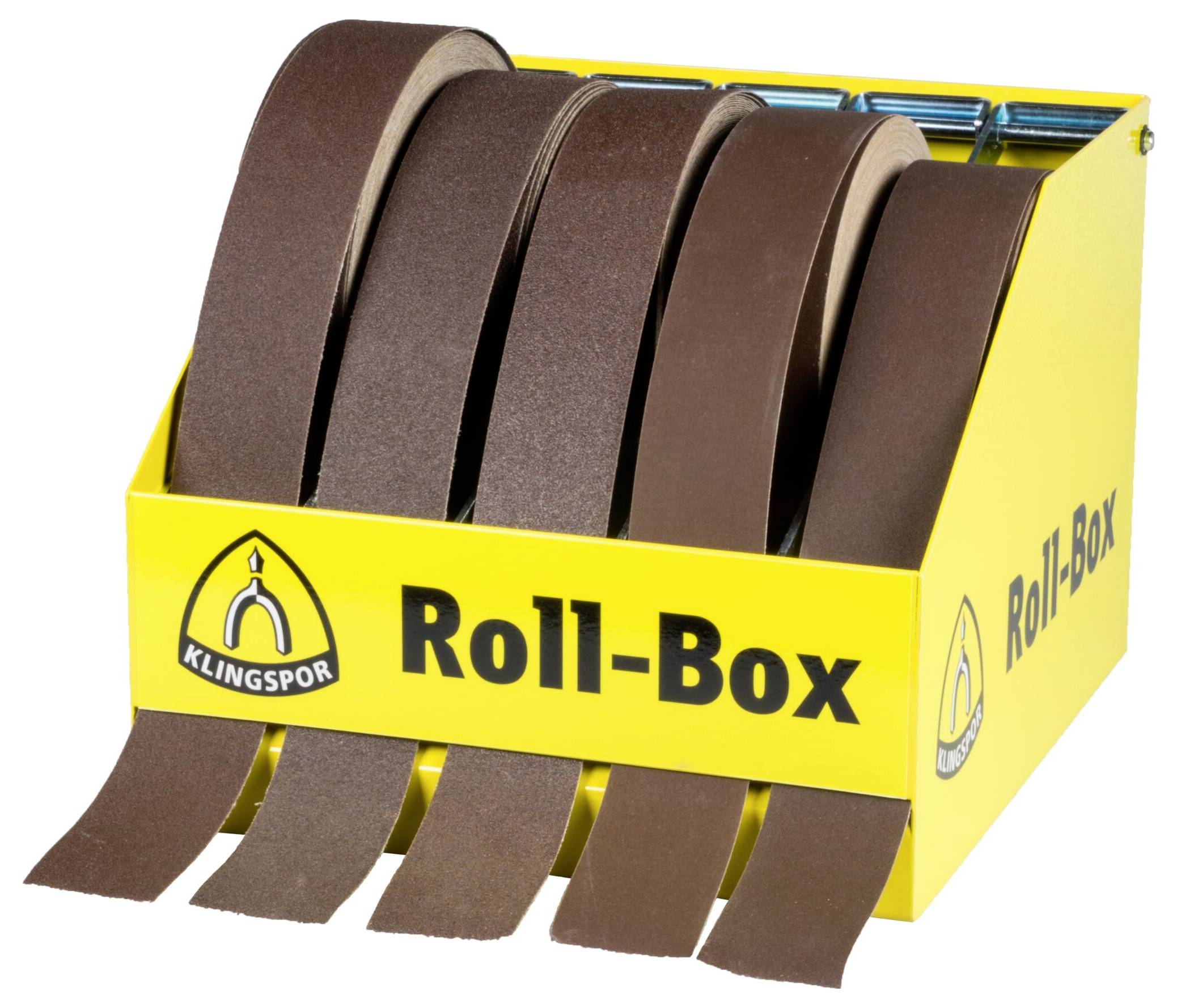 Žltá krabica označená nápisom 'Roll-Box' obsahujúca štyri rolky hnedých brúsnych papierových pásov čiastočne rozvinutých.
