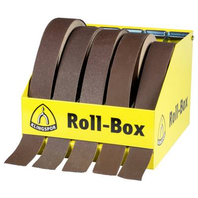 Žltá krabica označená nápisom 'Roll-Box' obsahujúca štyri rolky hnedých brúsnych papierových pásov čiastočne rozvinutých.