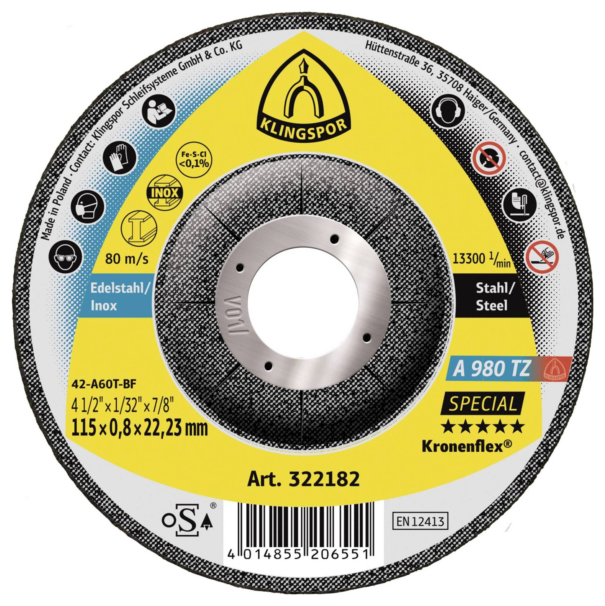Rezný kotúč s etiketou špecifikácií: 115 mm x 0,8 mm x 22,23 mm, max. 13 300 ot./min., na kov a oceľ. Značka 'Klingspor Kronenflex'.