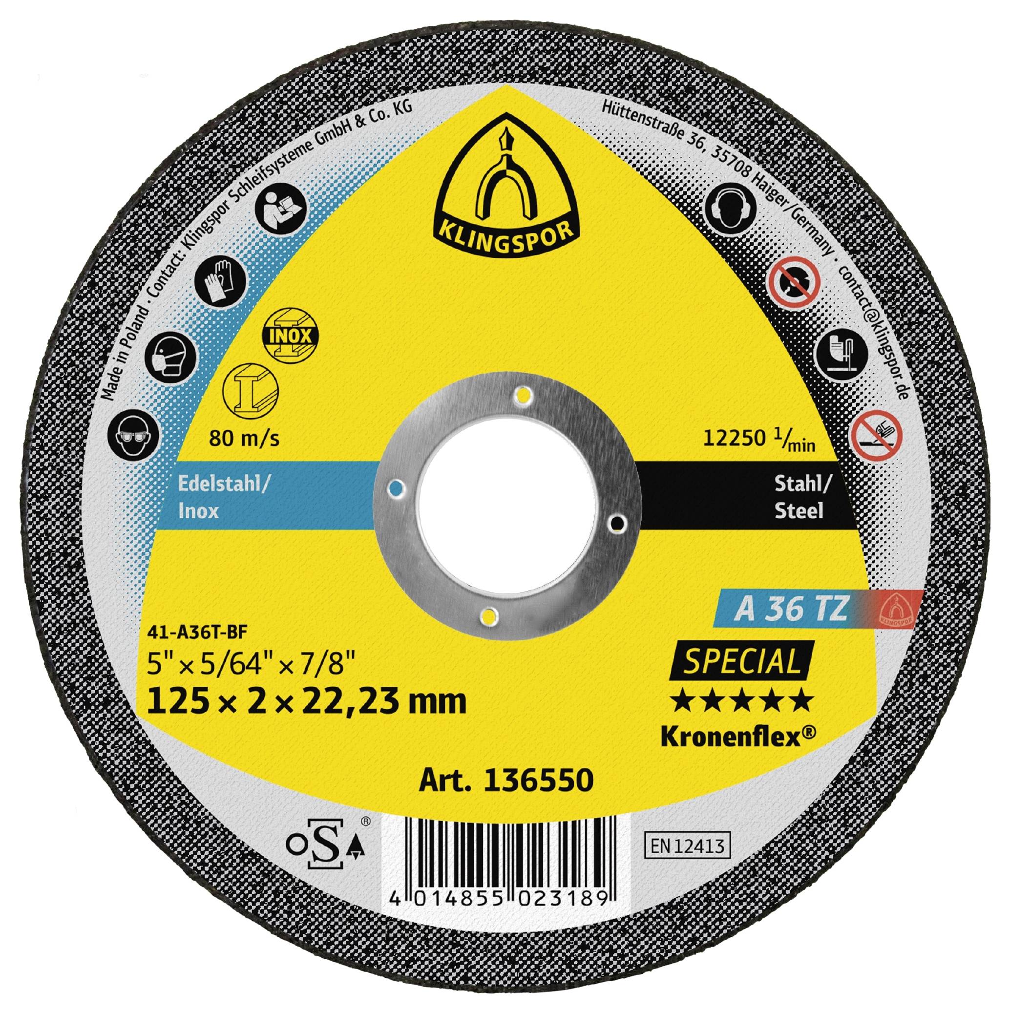 Kruhový kovový rezný kotúč na nehrdzavejúcu oceľ, označený Klingspor, 125 x 2 x 22,23 mm, A 36 TZ, s rýchlosťou 80 m/s.