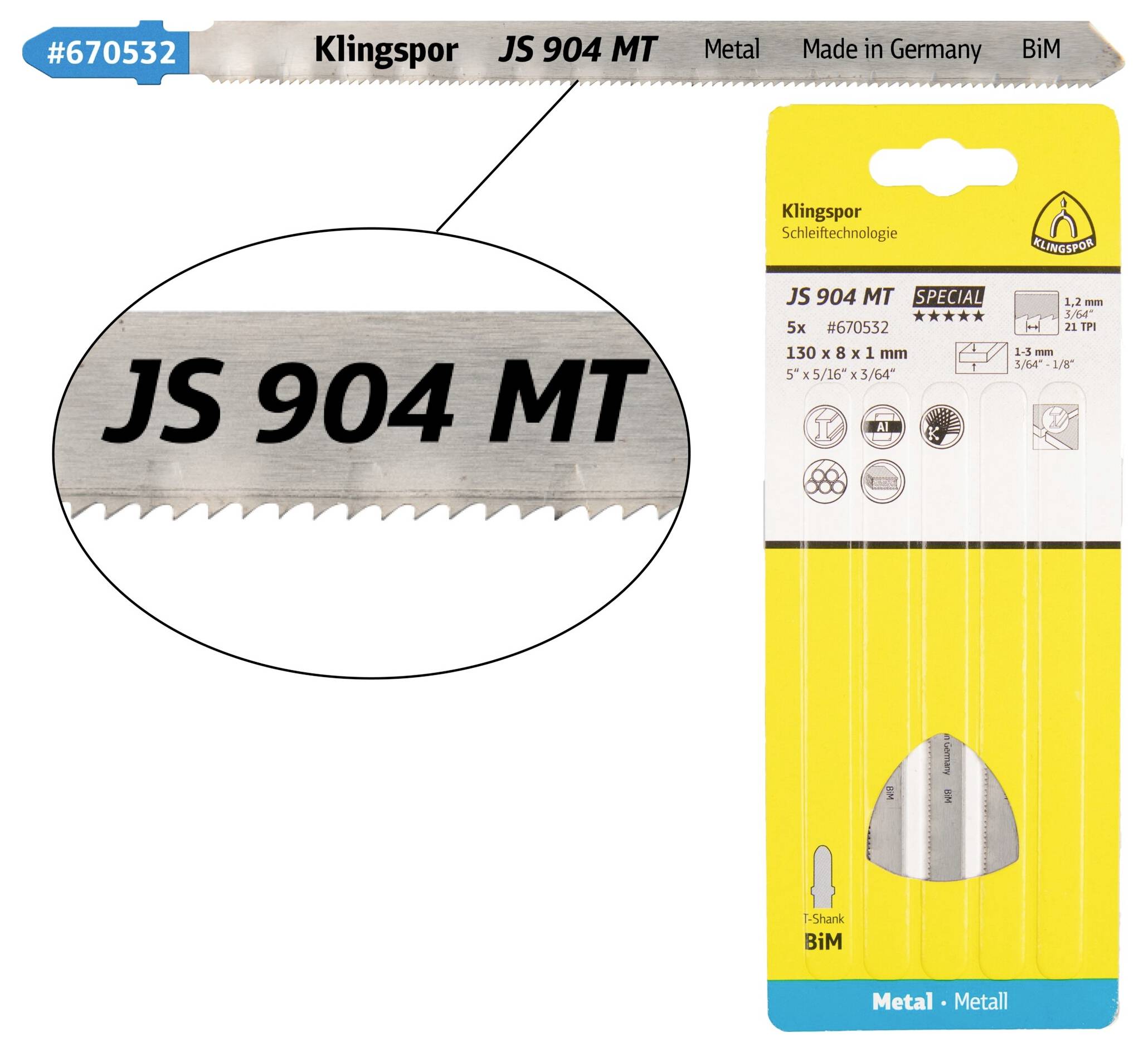 Klingspor 670532 Pílové listy do priamočiarej píly JS 904 MT, 130 x 8 x 1 mm, použiteľná dĺžka 110 mm, bimetal, frézované, vlnité, 21 zubov na palec, blistrové balenie v kartónovej krabici 5 ks