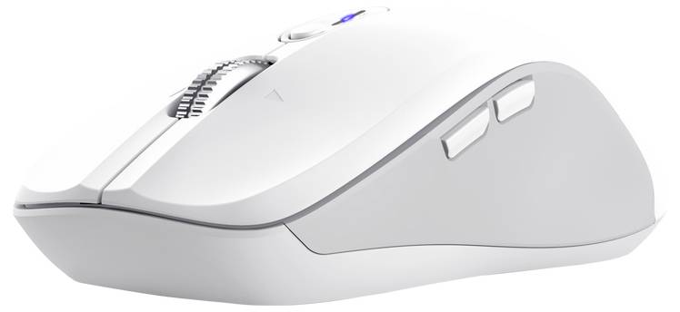 Biela počítačová myš s dvoma bočnými tlačidlami, rolovacím kolieskom a elegantným, ergonomickým dizajnom.
