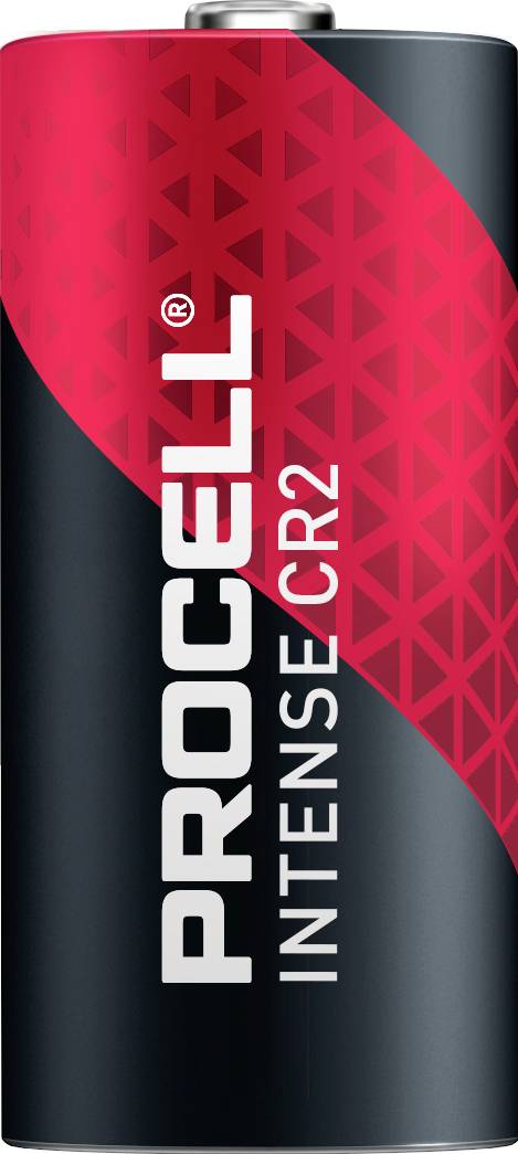 Čierna a červená batéria 'Procell Intense CR2' s geometrickým dizajnom na etikete.