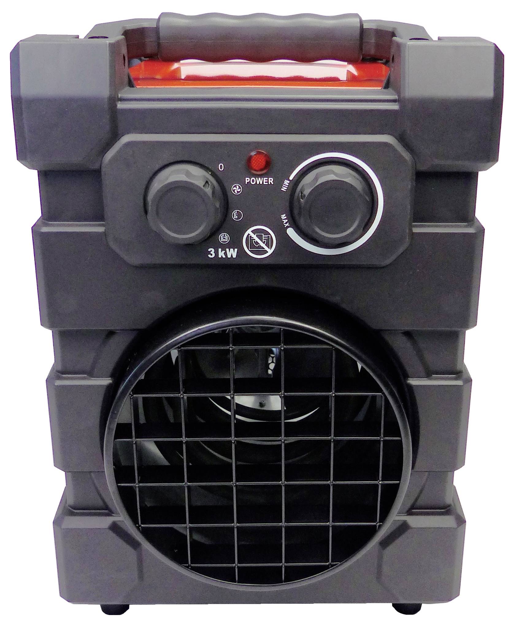 Čierny elektrický ohrievač s oranžovou rukoväťou a ovládacími gombíkmi zobrazujúcimi nastavenia a indikátor napájania, viditeľná predná mriežka.