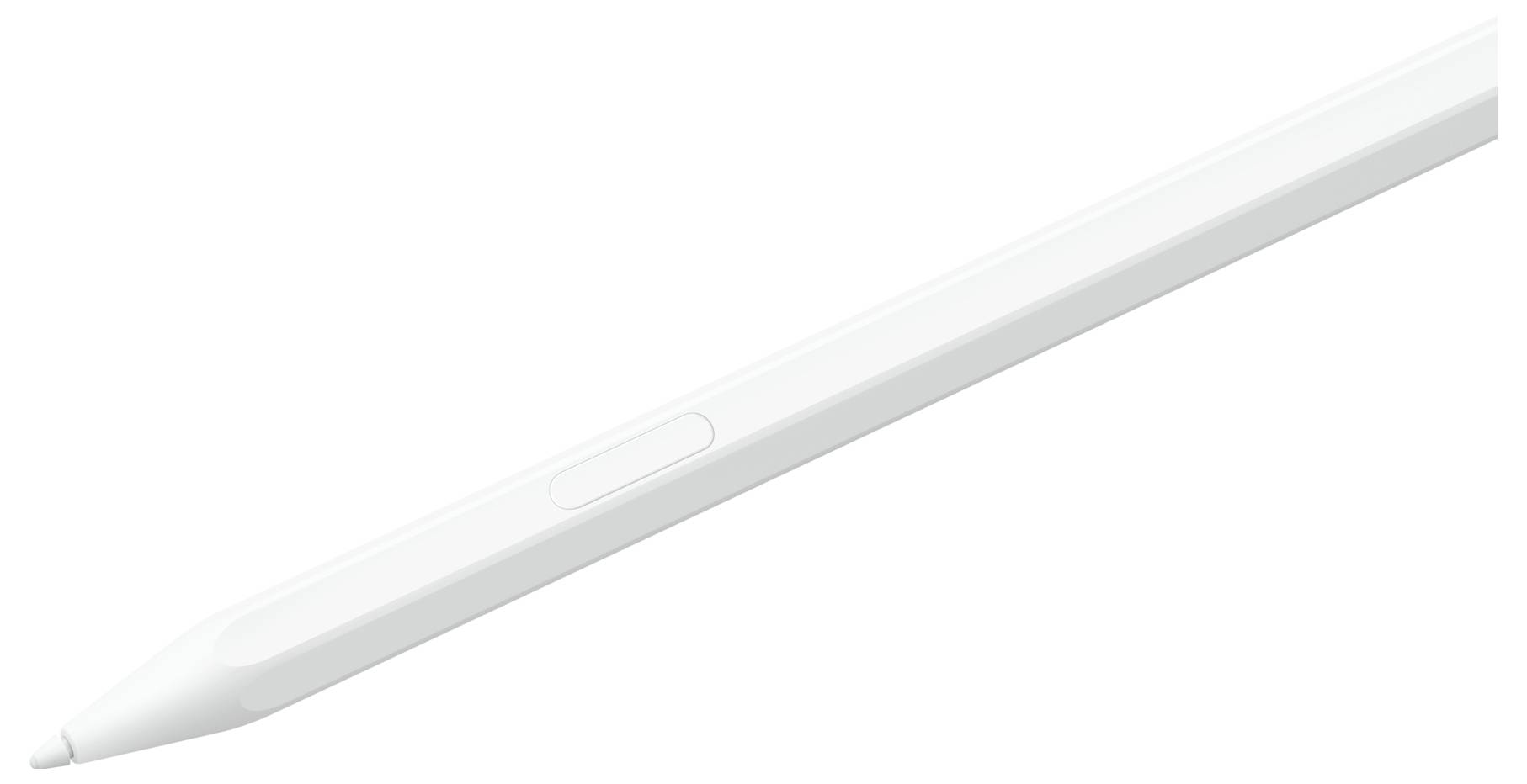 Biely digitálny stylus s elegantným dizajnom, so saténovou povrchovou úpravou a malou interaktívnou oblasťou na boku.