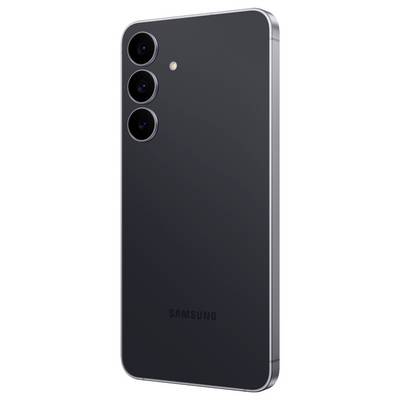 Elegantný čierny smartfón s tromi zadnými fotoaparátmi a LED bleskom, s názvom značky 'Samsung' v spodnej časti zadného panela.
