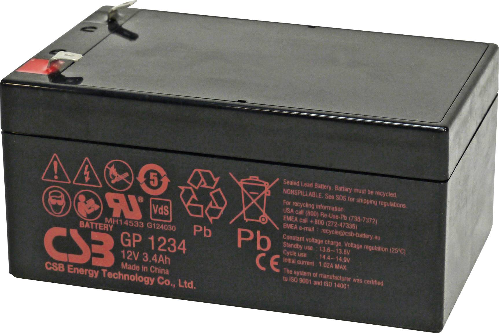 Čierny CSB GP 1234 olovený akumulátor so špecifikáciami: 12V, 3,4Ah. Na boku má rôzne symboly recyklácie a výstražné značenia.