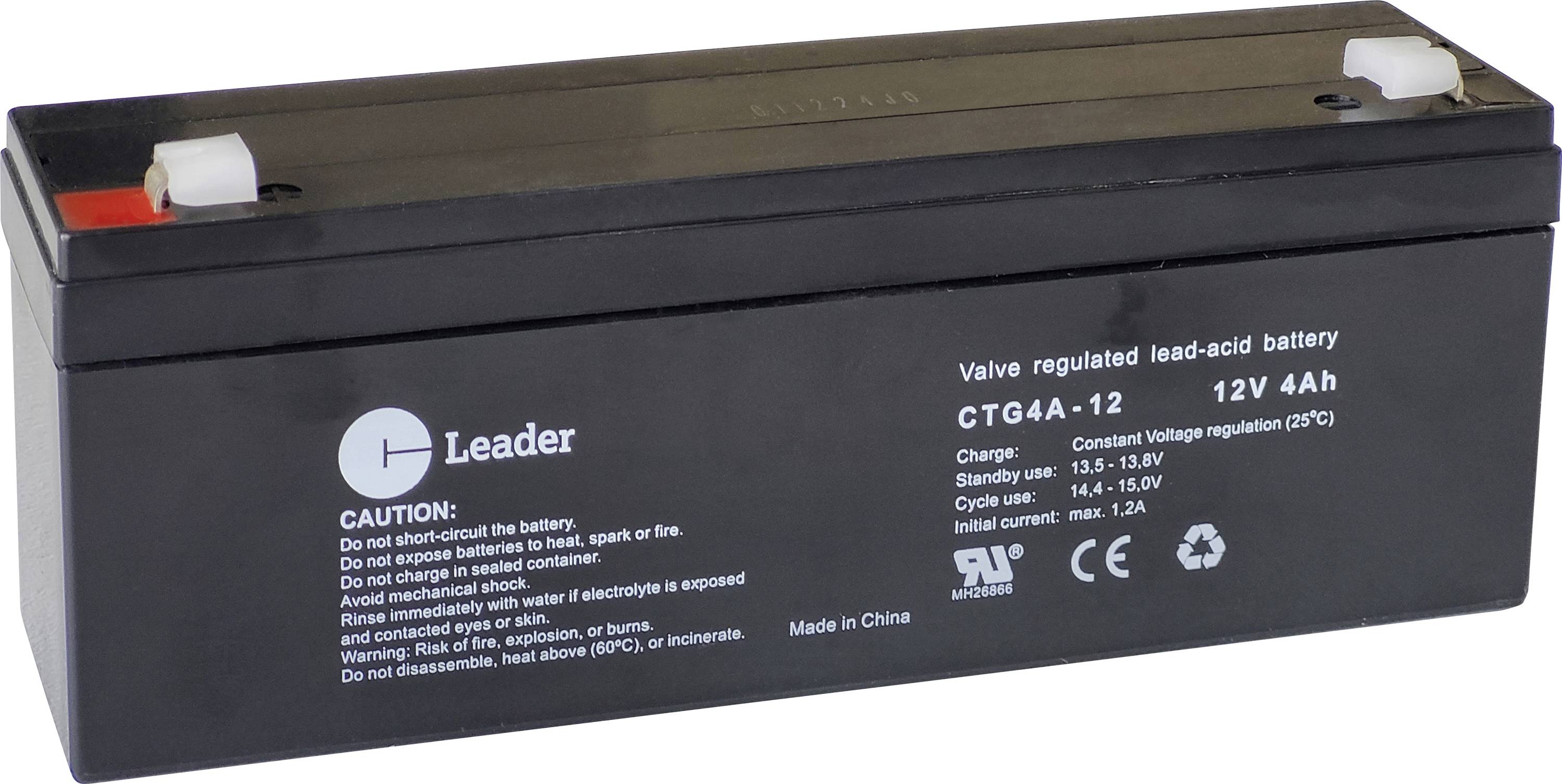 Batéria 'Leader' s regulovaným ventilom na báze olova, model CTG4A-12, 12V 4Ah; zahŕňa bezpečnostné upozornenia vrátane zamedzenia vystavenia plameňom.