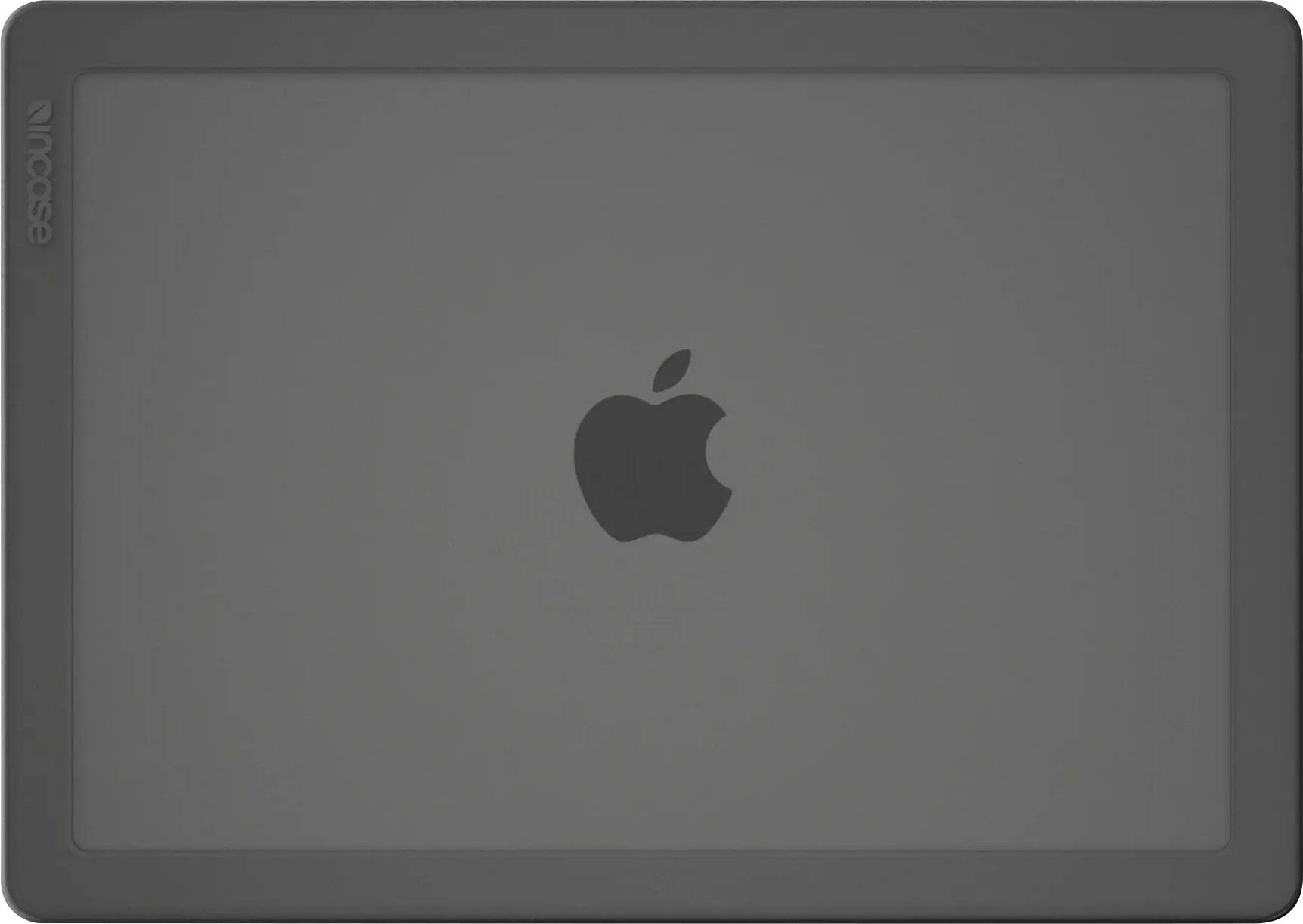 Zatvorený notebook s logom Apple uprostred, obklopený ochranným sivým obalom.