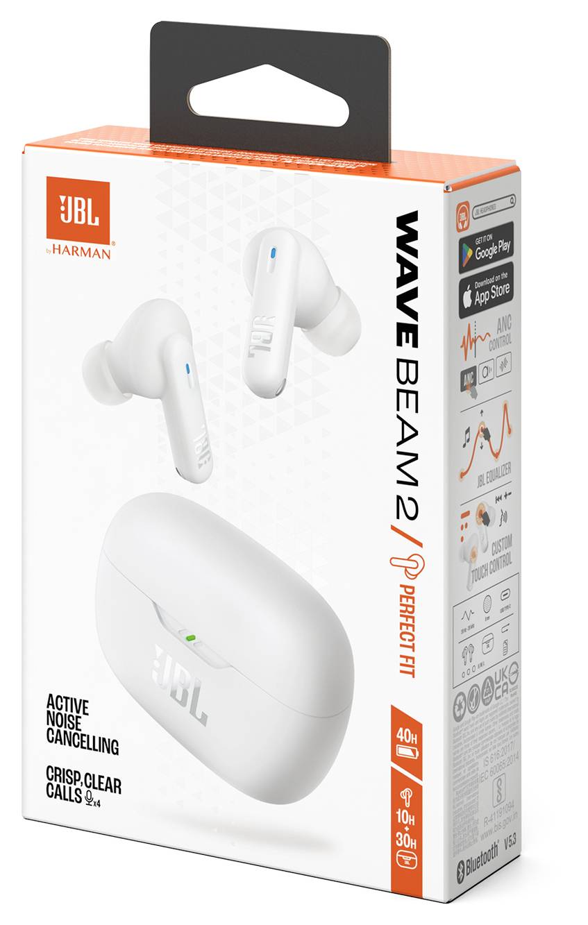 Krabica slúchadiel JBL Wave Beam 2 s funkciou 'Dokonalé Nasadenie', s aktívnym potlačením okolitého hluku a jasnými volacími funkciami, kompatibilná s Bluetooth.
