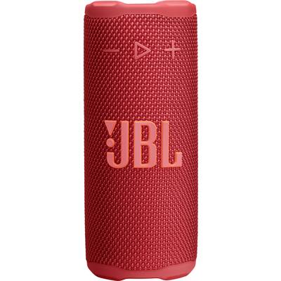Červený prenosný reproduktor s textúrovaným dizajnom, s ovládacími tlačidlami hlasitosti a prehrávania, s logom 'JBL' výrazne umiestneným na prednej strane.