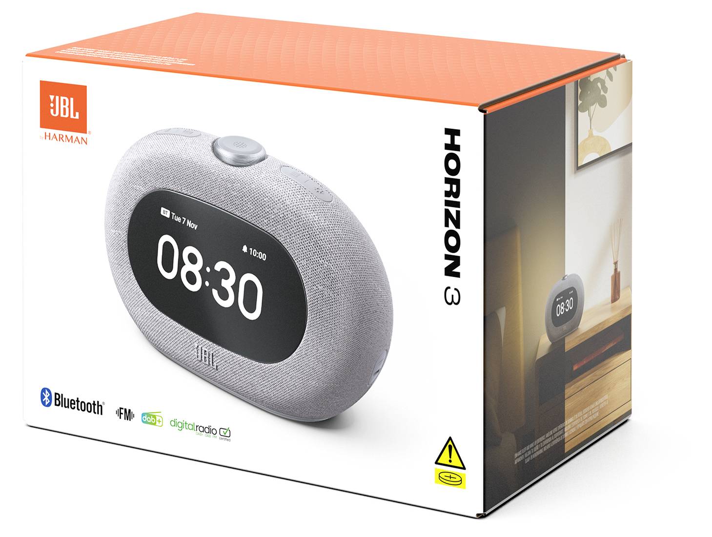 Rádiobudík JBL Horizon 3 v krabici, s funkciami FM, Bluetooth, digitálneho rádia a budenia. Displej zobrazuje '08:30'.