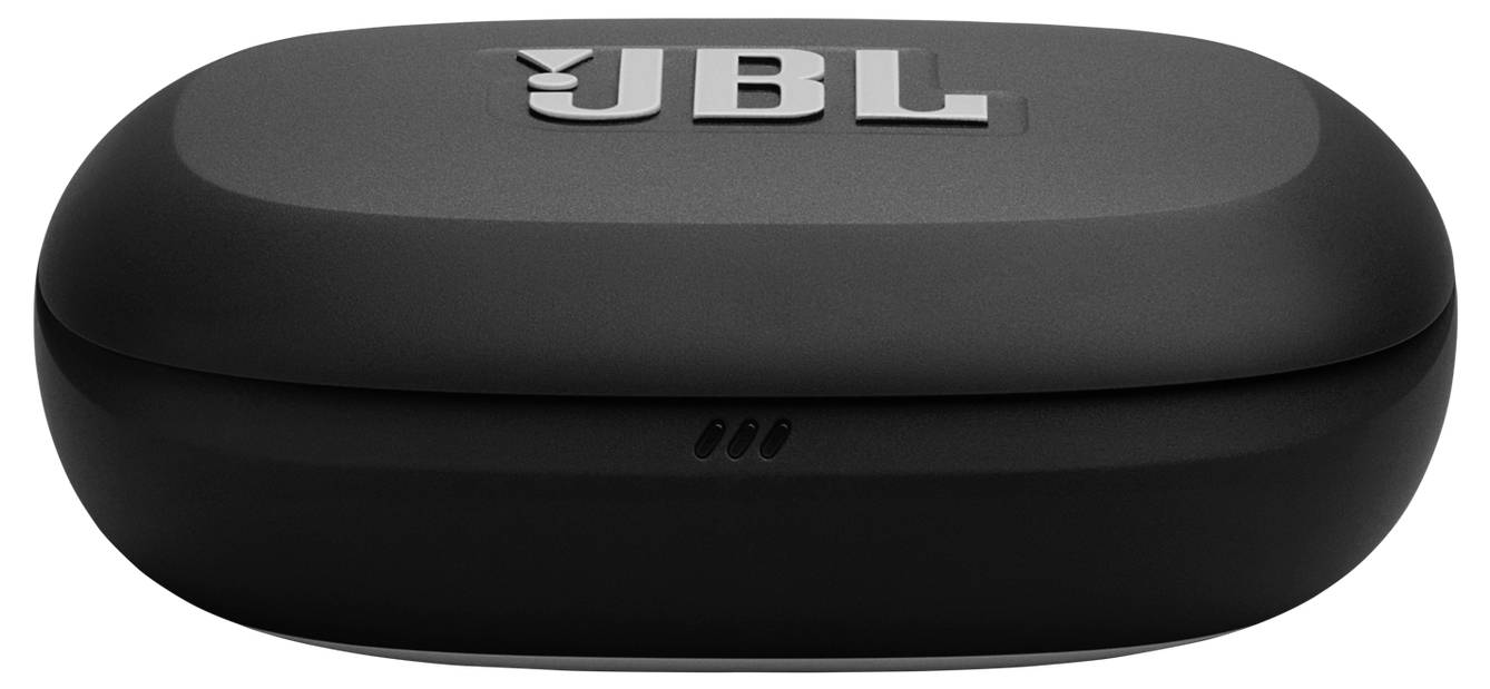 Čierny oválny nabíjací box na slúchadlá JBL s logom na vrchu.