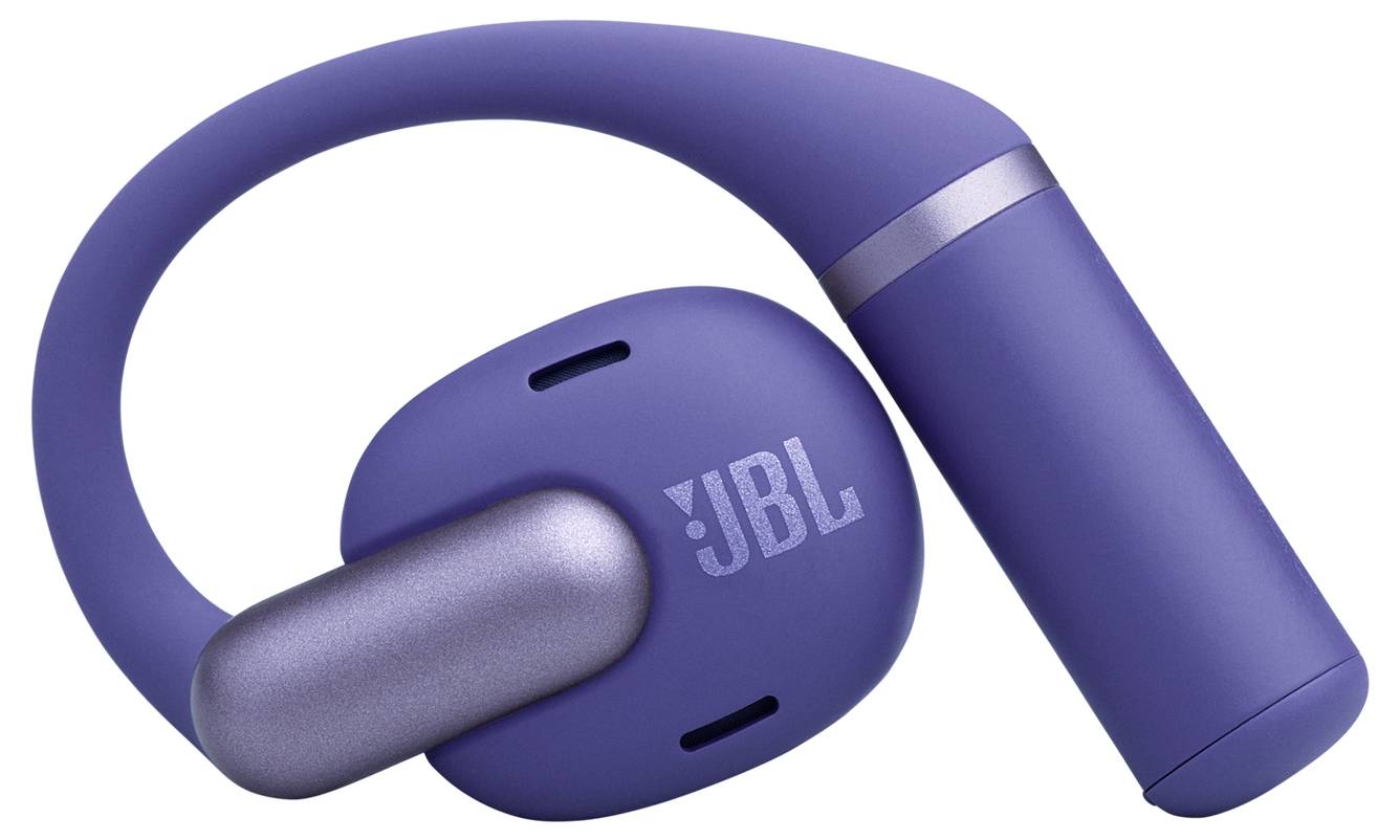 Modré, náhlavné bezdrôtové slúchadlá JBL s elegantnným dizajnom, s výrazným logom na vonkajšej strane mušle.
