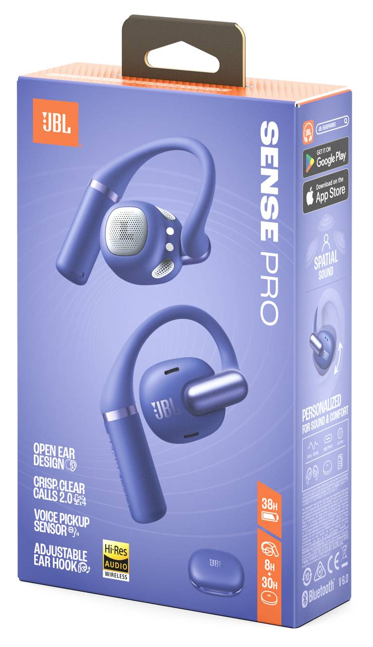 Krabica bezdrôtových slúchadiel JBL Sense Pro, ktorá zdôrazňuje funkcie ako priestorový zvuk, snímač hlasového vstupu a nastaviteľný dizajn háku na uši.