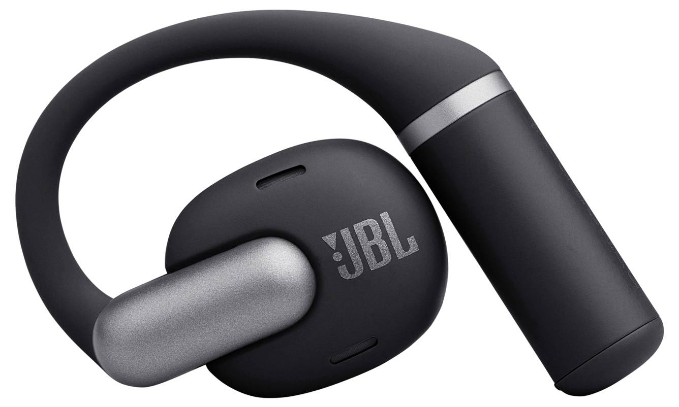Čierne bezdrôtové slúchadlá JBL s elegatným, moderným dizajnom, ktoré majú valcovitý mikrofón alebo batériový segment a pohodlnú slúchadlovú konzolu.