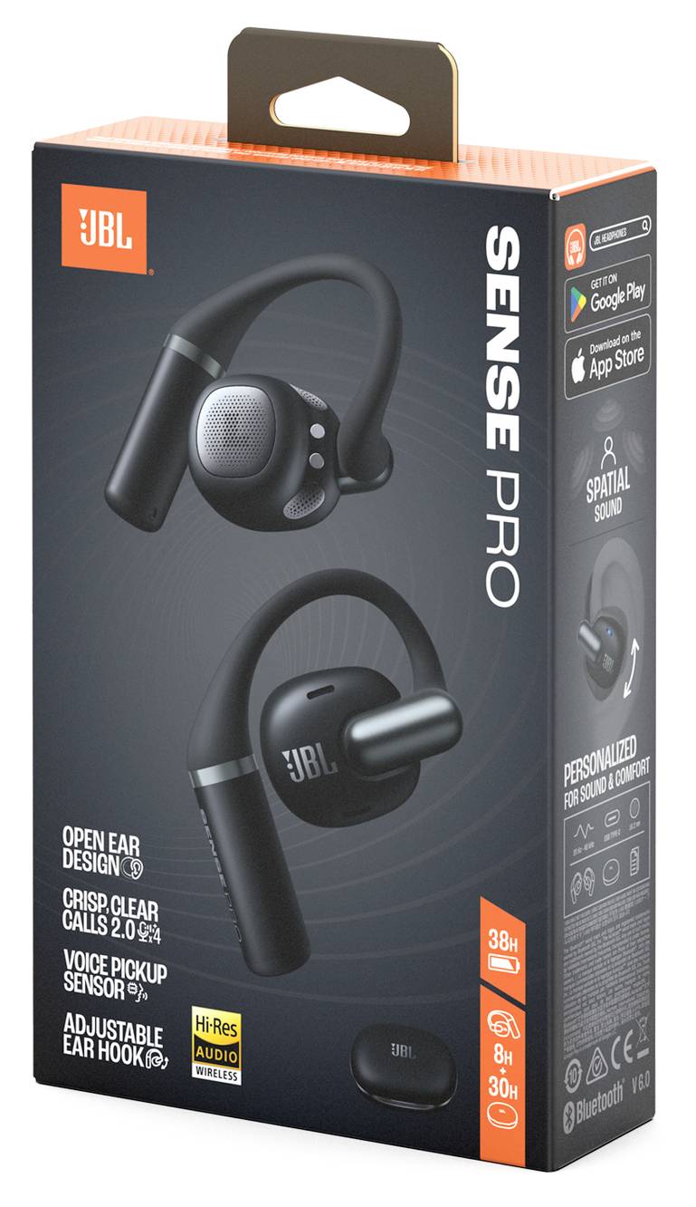 Krabica pre slúchadlá 'JBL Sense Pro' s priestorovým zvukom, nastaviteľnými háčikmi do uší a deklarovanou výdržou batérie 38 hodín. Kompatibilné so zariadeniami Android a Apple.