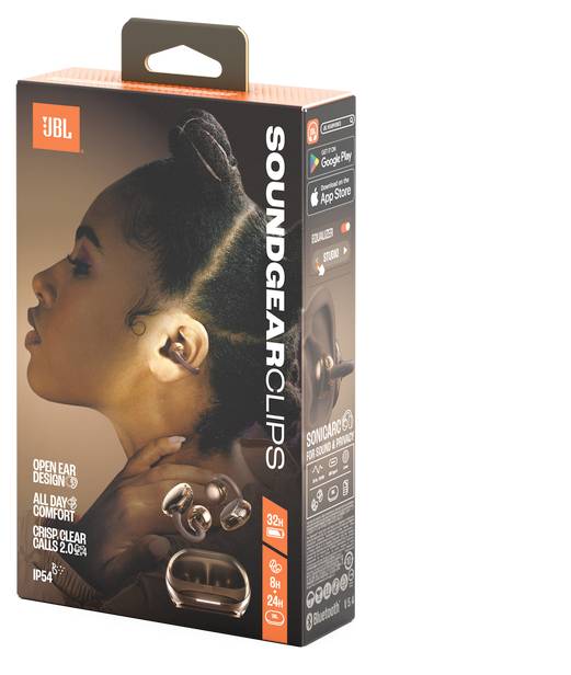 Krabica "JBL Soundgear Clips" zobrazujúca slúchadlá s otvorením ucha v uchu, s vyzdvihnutím funkcií "Celodenný komfort" a "Jasné a čisté hovory".