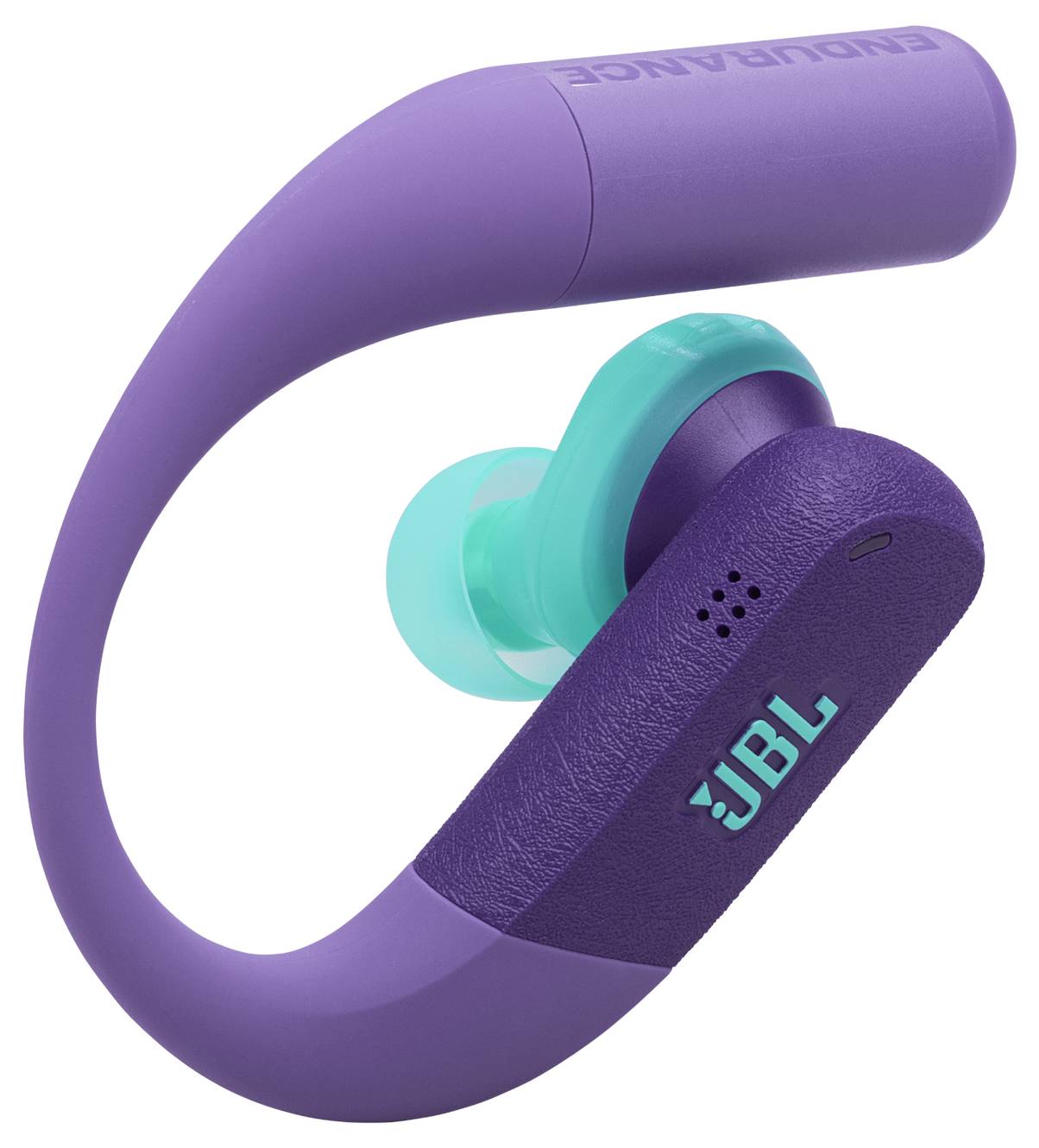 Fialové slúchadlá JBL do uší s hákovým dizajnom a modrým ušným nadstavcom, so zobrazením loga JBL a textom 'ENDURANCE', určené na bezpečné používanie počas športových aktivít.