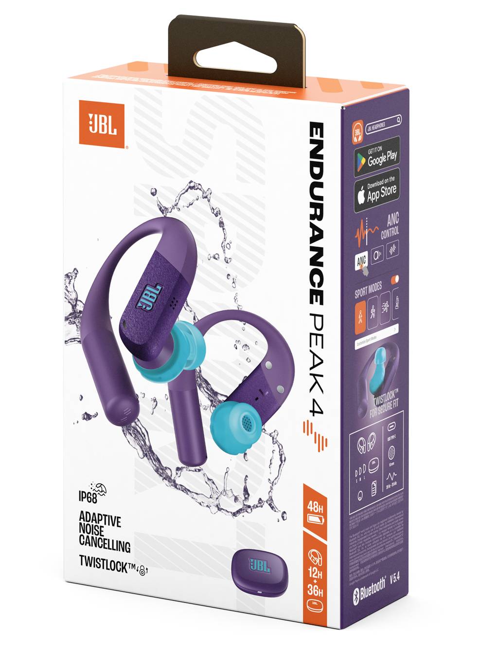 Krabica bezdrôtových slúchadiel JBL Endurance Peak 4, s adaptívnym potlačením hluku, výdržou batérie 48 hodín, Bluetooth a odolnosťou proti vode.