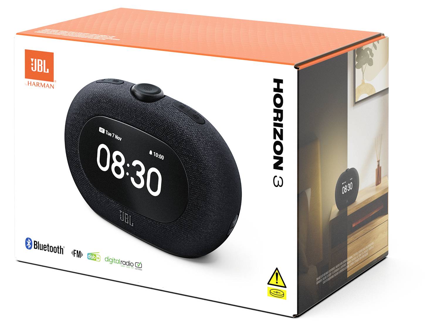 Balenie produktu pre JBL Horizon 3 budík s digitálnym displejom zobrazujúcim 08:30. Funkcie zahŕňajú Bluetooth a FM rádio.