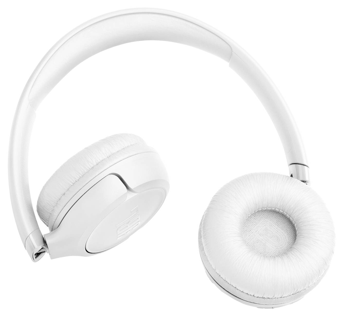 Biele over-ear slúchadlá s mäkkými náušníkmi, elegantným dizajnom a nastaviteľným hlavovým mostíkom.