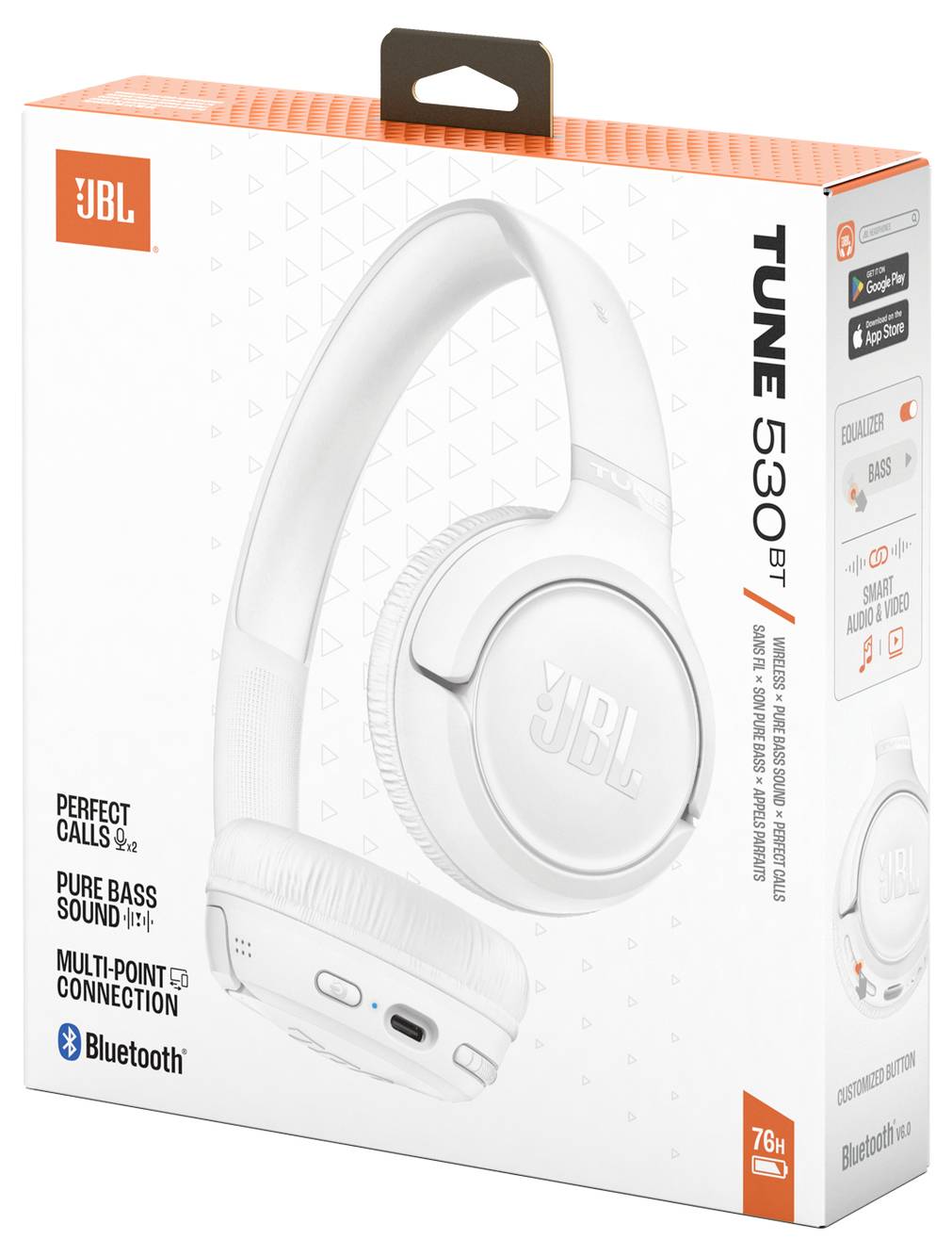 Škatuľa zobrazujúca biele bezdrôtové slúchadlá JBL Tune 530BT. Zvýraznené funkcie: 'Dokonalé hovory', 'Čistý baskový zvuk', 'Viacbodové pripojenie'.