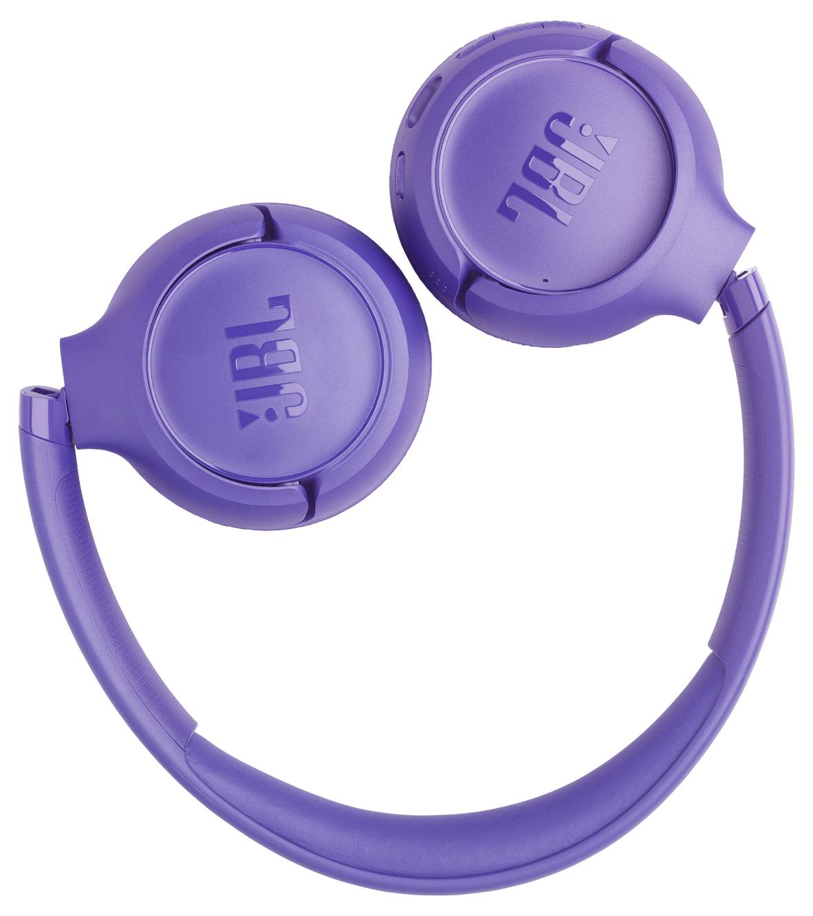 Fialové náušné slúchadlá so sklopným dizajnom, označené logami 'JBL' na každom reproduktore.