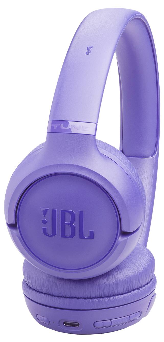 Fialové bezdrôtové slúchadlá JBL cez uši s logom značky na mušliach, vyznačujúce sa elegantným, moderným dizajnom a čalúnenými náušníkmi.