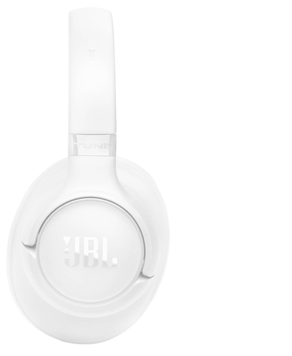 Biele slúchadlá JBL na uši s Bluetooth pripojením s elegantným dizajnom, pohľad zo strany, zobrazujúce výrazné logo JBL na náušnici.