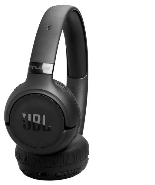 Čierne slúchadlá JBL Tune s vankúšovými náušnicami, nastaviteľnou čelenkou a ovládacími tlačidlami na náušnici, určené na prehrávanie zvuku.