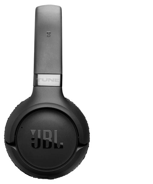 Čierne slúchadlá JBL na uši s nápisom "TUNE" na čelenke, zobrazujúce pravú mušľu.