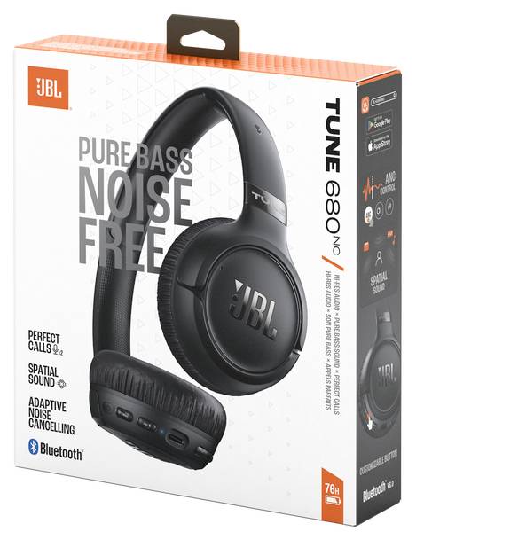 Krabička slúchadiel JBL Tune 680NC s náušničkami cez uši prezentujúca funkcie: 'Pure Bass Noise Free', bezdrôtové pripojenie Bluetooth, adaptívne potlačenie hluku, batéria s výdržou 76 hodín.