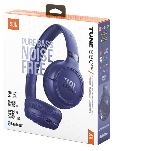 Krabica slúchadiel „JBL Tune 680NC" s potlačovaním šumu obsahuje obrázok produktu a zdôrazňuje možnosti „Pure Bass Noise Free", „Adaptívne potlačovanie šumu" a „Bluetooth".