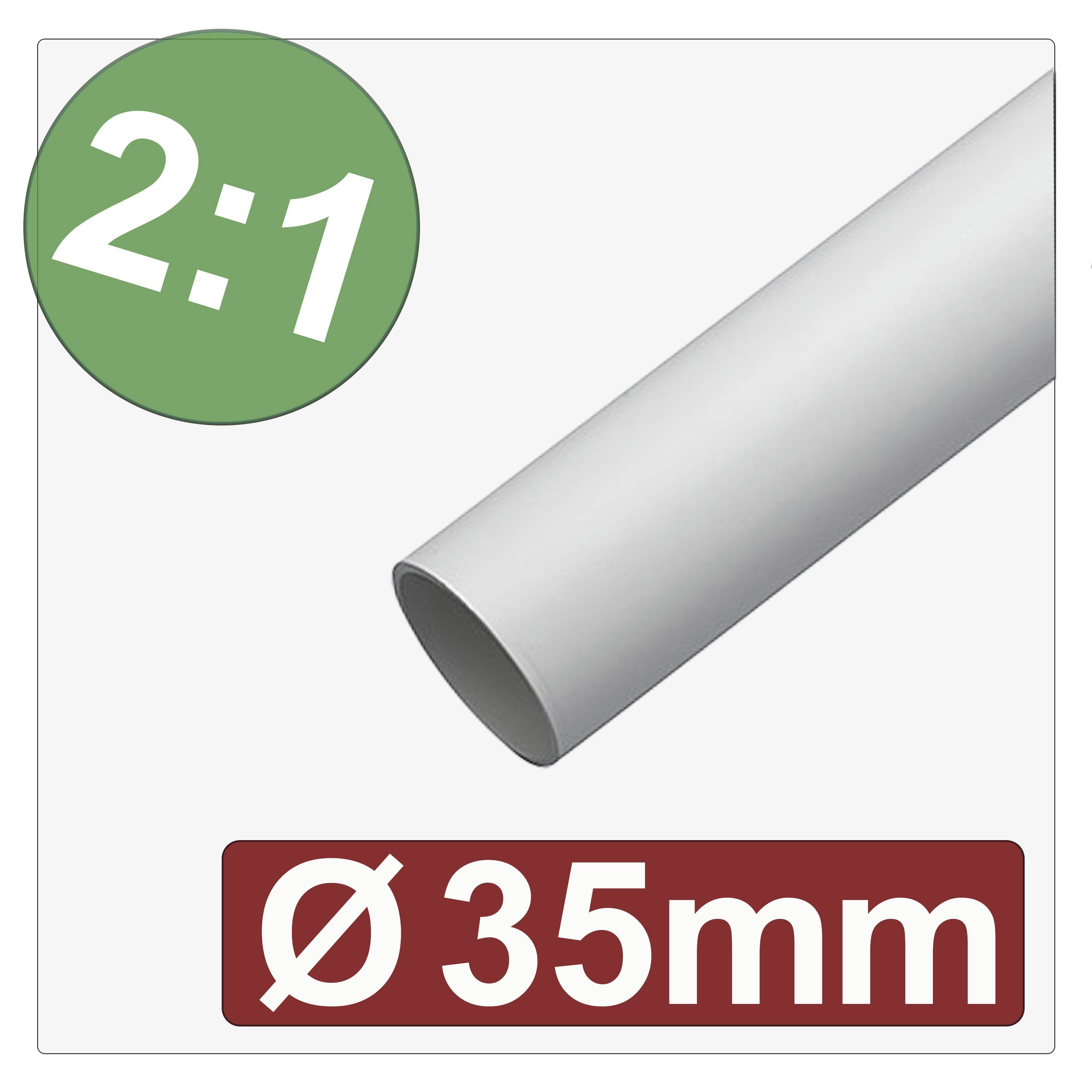 Šedá trubica s priemerom 35 mm je zobrazená. Zelený kruh zobrazuje pomer 2:1, ktorý indikuje mieru zmrštenia trubice.