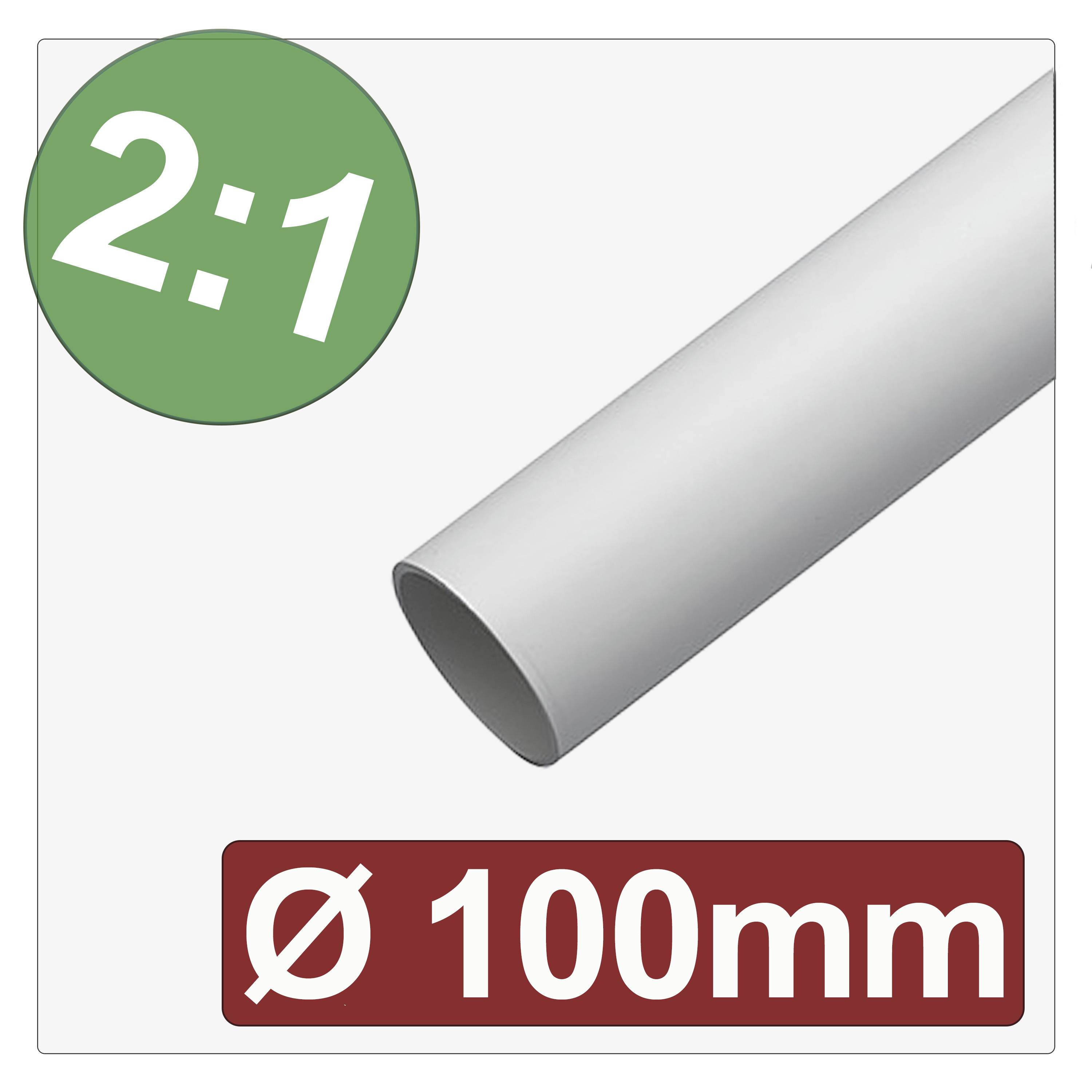 Biela trubka označená "Ø 100 mm" je zobrazená so zeleným kruhom, ktorý zobrazuje pomer "2:1", čo indikuje informácie o rozmeroch alebo mierke.