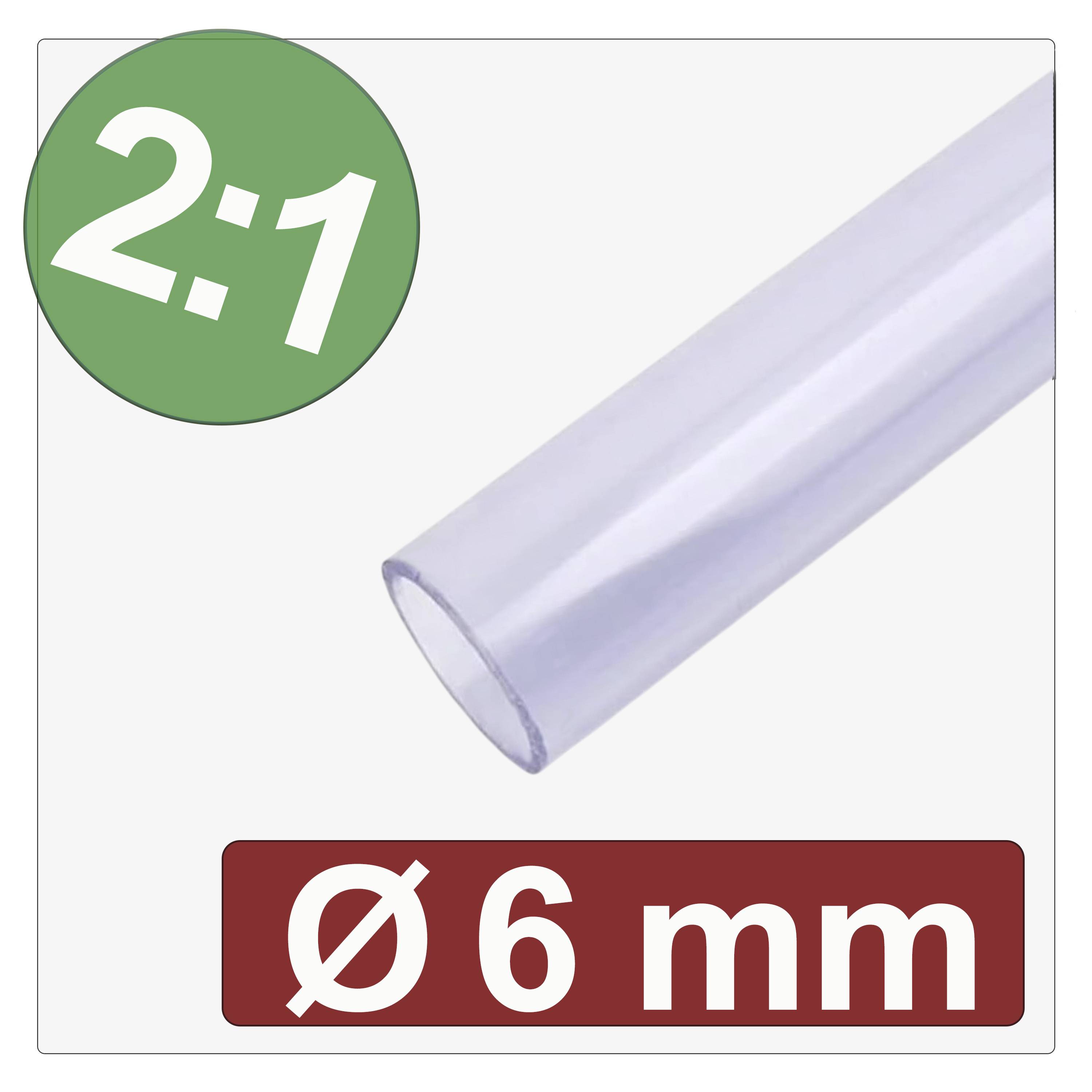Priehľadná trubica s '2:1' v zelenom kruhu, označená 'Ø 6 mm' v červenom poli, ktorá označuje zmršťovací pomer 6 mm priemeru.