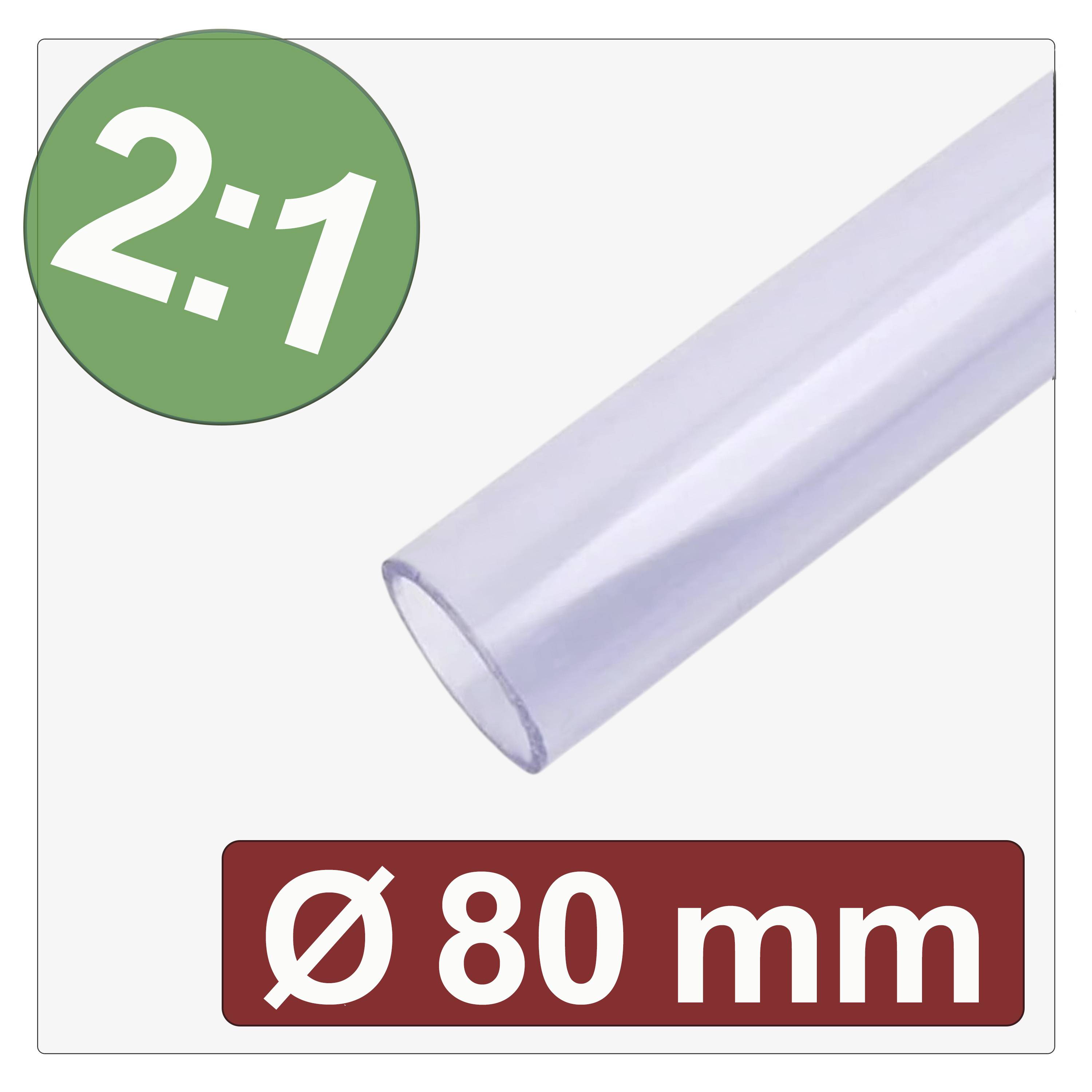 Priehľadná trubica s priemerom 80 mm je znázornená so zmenšovacím pomerom 2:1 vyznačeným v zelenej kružnici vedľa.