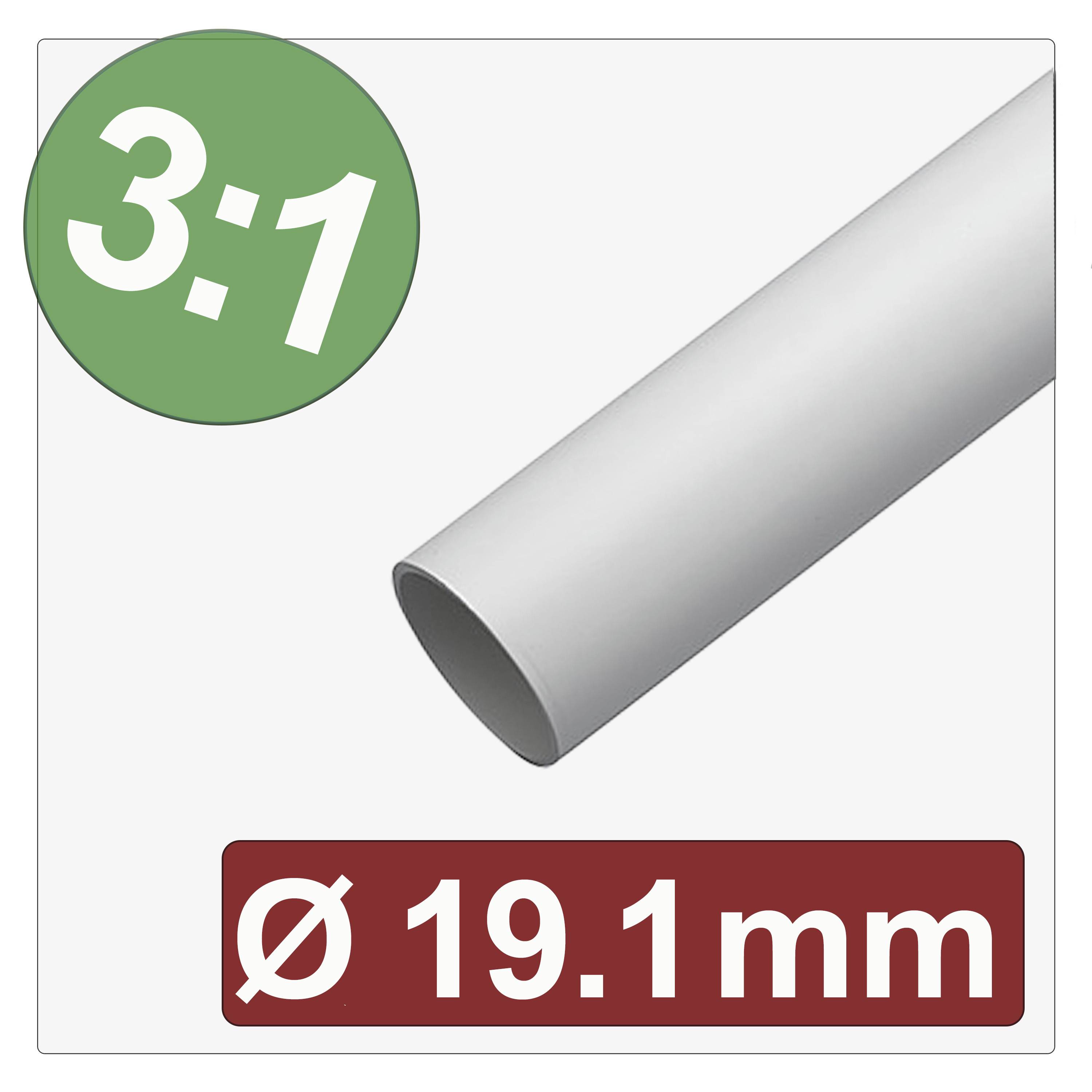 Biela trubica označená 'Ø 19.1 mm', zelený kruh s pomerom '3:1'. Obrázok pravdepodobne znázorňuje rozmery trubice a pomer zmrštenia.