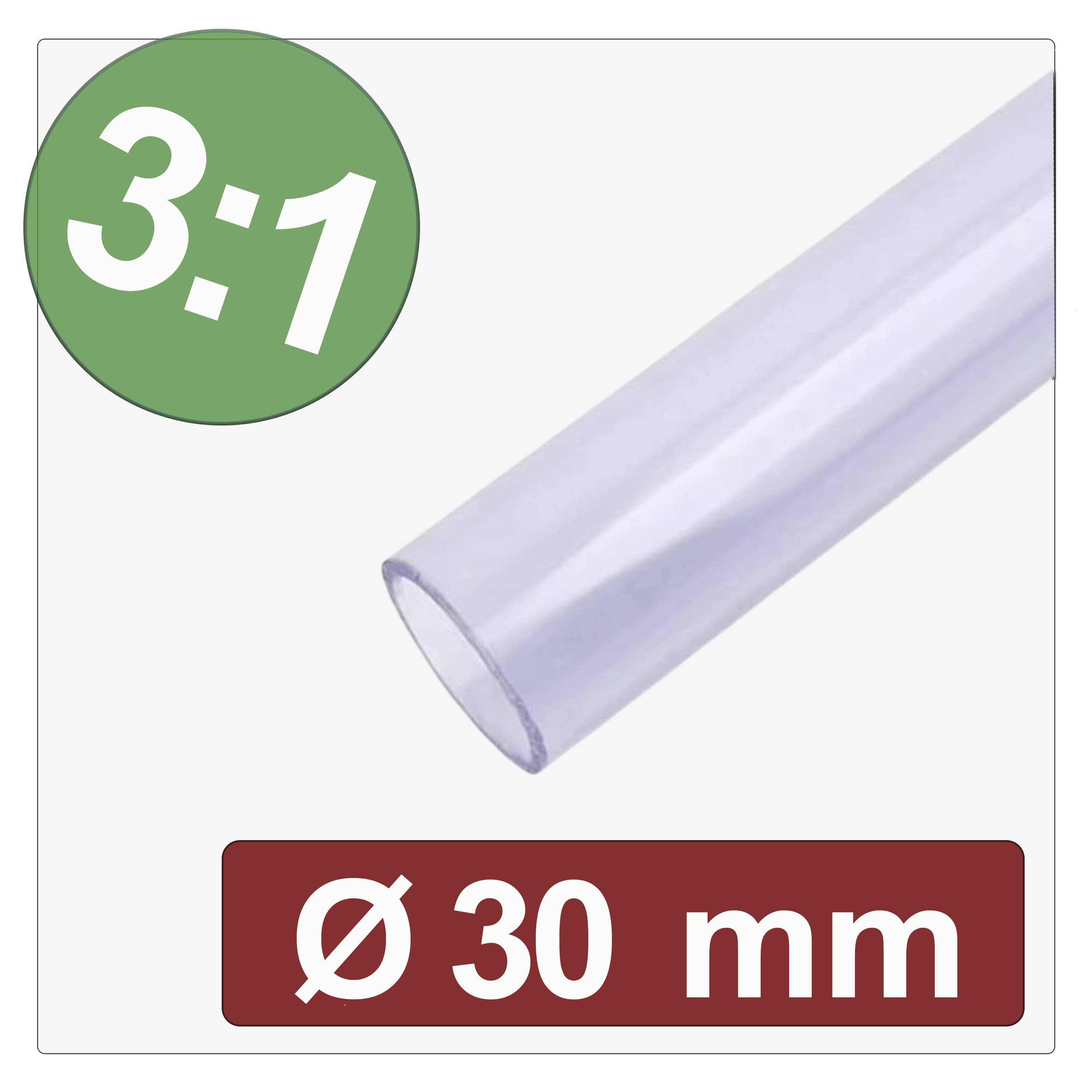 Priehľadná zmršťovacia trubica s priemerom 30 mm a pomerom zmrštenia 3:1.