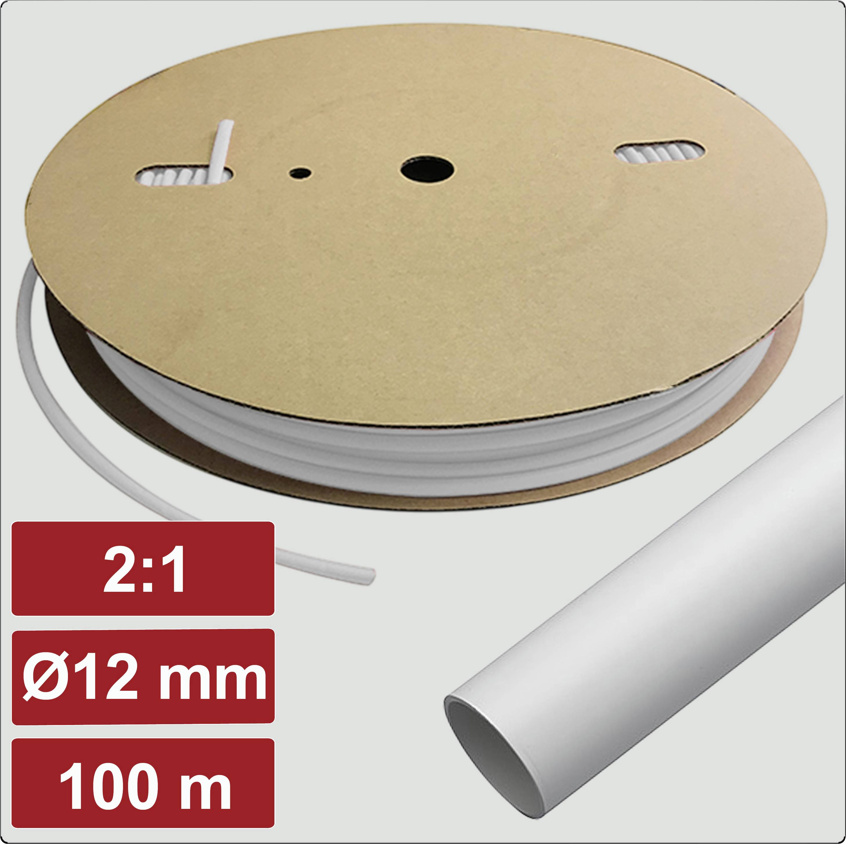 Špulka bieleho trubicového materiálu so špecifikáciami: zmršťovací pomer 2:1, priemer 12 mm, dĺžka 100 metrov.