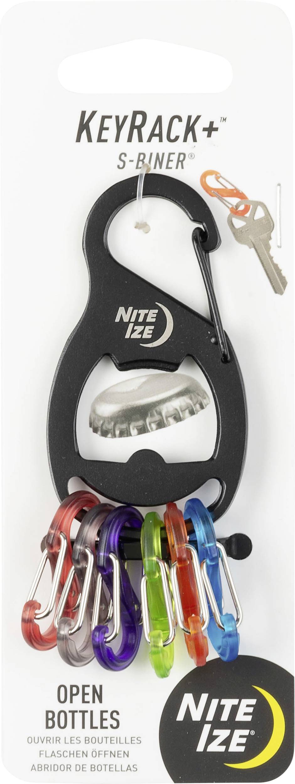 KeyRack+ S-Biner od Nite Ize drží farebné mini karabinky a sadu kľúčov. Obsahuje otvárač na fľaše, pričom zdôrazňuje všestrannosť a organizáciu.