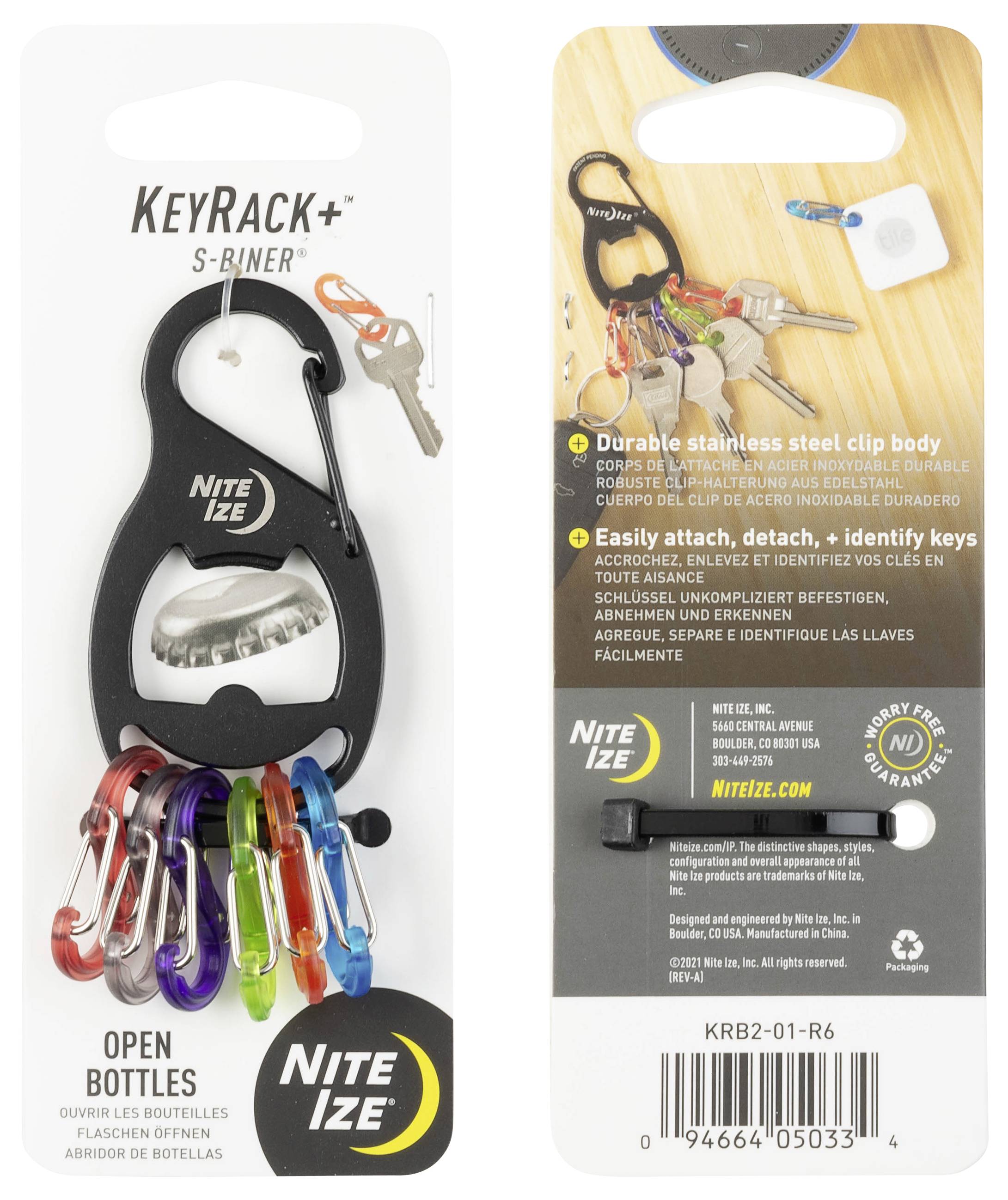 Nite Ize KeyRack+ S-Biner - predná a zadná strana obalu: čierna svorka s farebnými S-Biner karabínkami na kľúče, funkciou otvárača na fľaše, údajmi o produkte a kontaktnými informáciami.