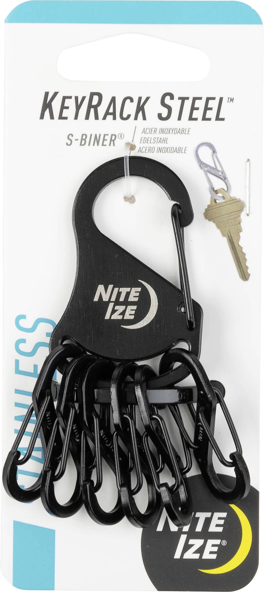 Držiak na kľúče KeyRack Steel S-Biner od spoločnosti Nite Ize, zobrazený na obale, s čiernym kovovým držiakom s viacerými klipsami a vzorovým kľúčom.