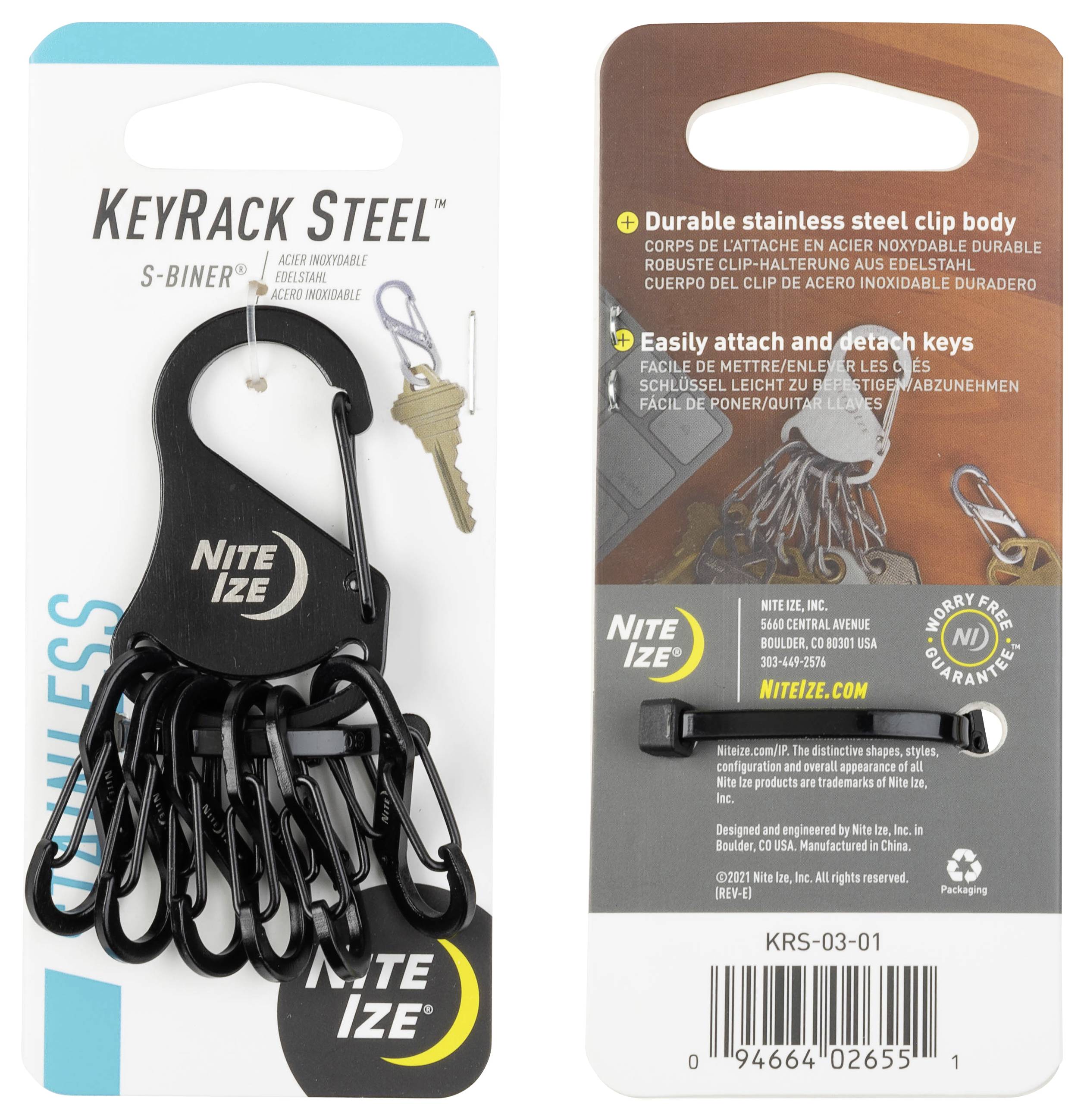 Kľúčenka KeyRack Steel S-Biner s viacerými klipsami a odolným nerezovým telom, zobrazená v obale spoločnosti Nite Ize s produktovými detailmi.
