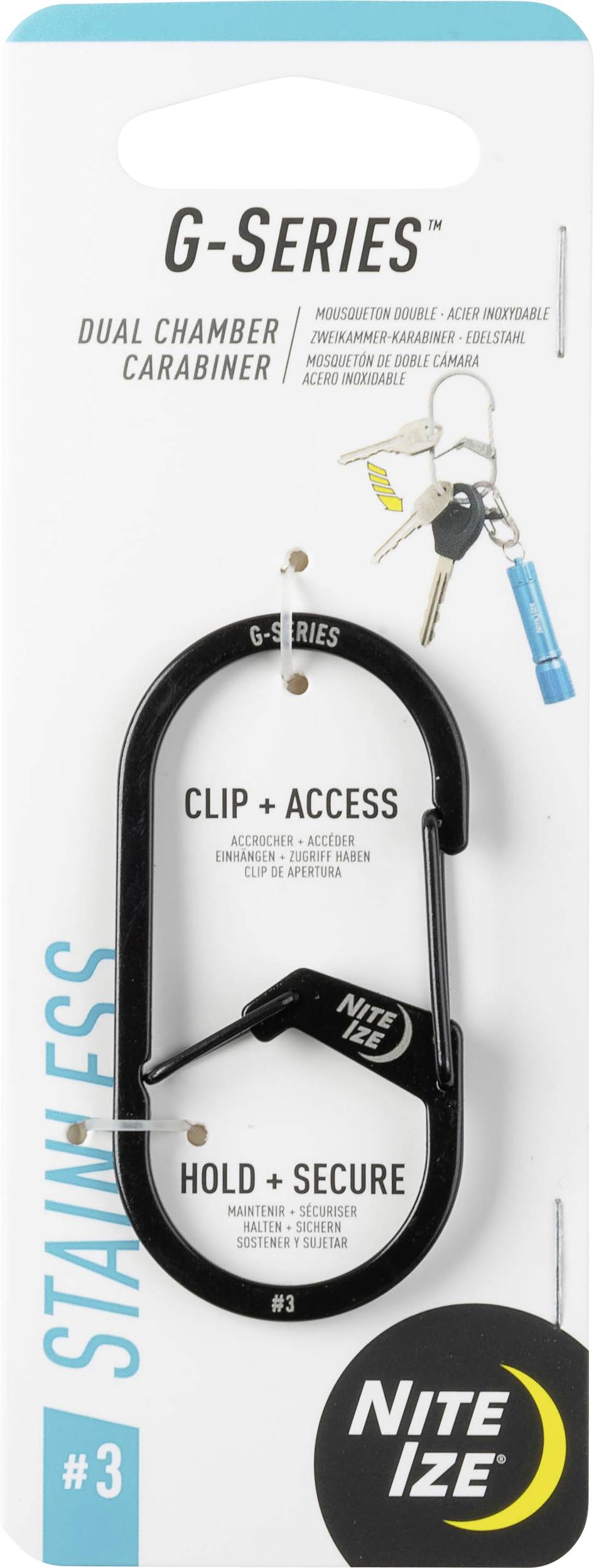 Obal „G-Series Dual Chamber Carabiner" zobrazuje čierny nerezový karabínový zámok na zabezpečenie kľúčov s dizajnom dvojkomorového systému.