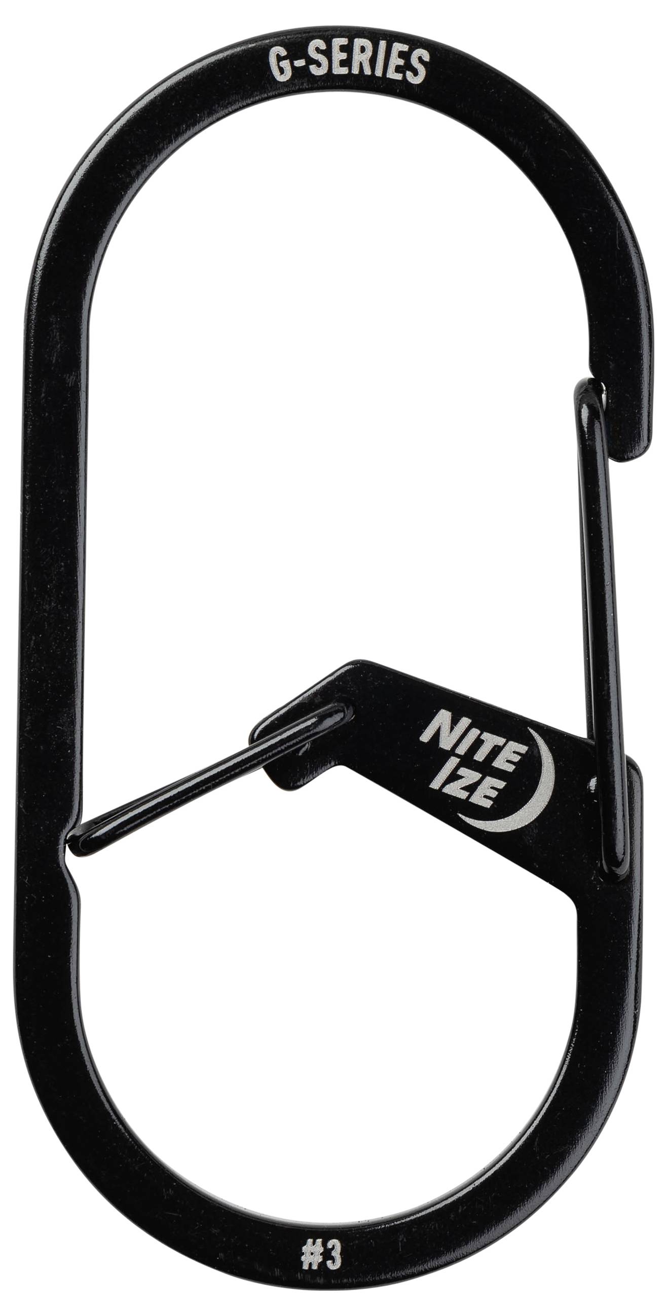 Čierny karabínový krúžok označený "G-Series Nite Ize #3" je zobrazený. Jeho dizajn je oválny s mechanizmom západky brány pre bezpečné pripojenie.