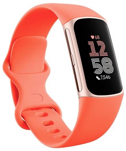 Inteligentné hodinky s korálovým remienkom zobrazujú '12:58' a '7,546' krokov, pričom srdcová frekvencia je '68', čo ukazuje čas a sledovanie fitness aktivity.